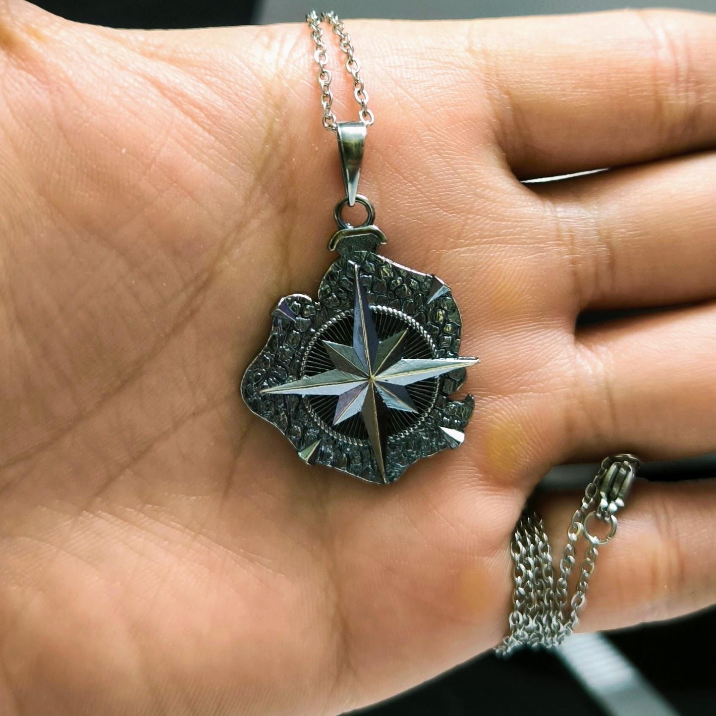 Sterling Silver Compass Pendant Necklace: Two-Sided World Map, Gift for Travelers