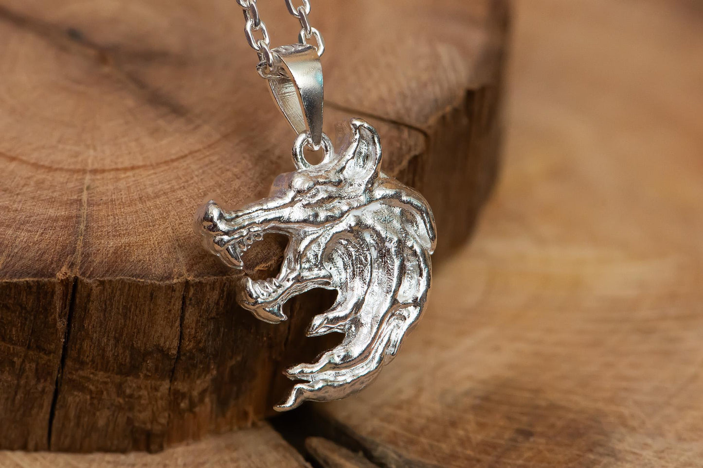 Gold Plated S925 Wolf Pendant Necklace, Two-Faced Wolf Head Jewelry for Men, Sterling Silver Fantasy Accessory