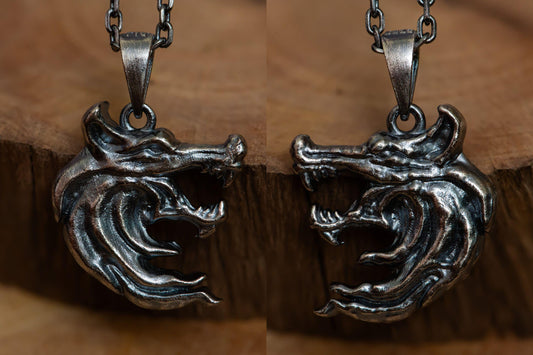 Oxidized Wolf Head Pendant Necklace S925 Sterling Silver, Double-Sided Wolf Jewelry for Men, Handmade Fantasy Gift