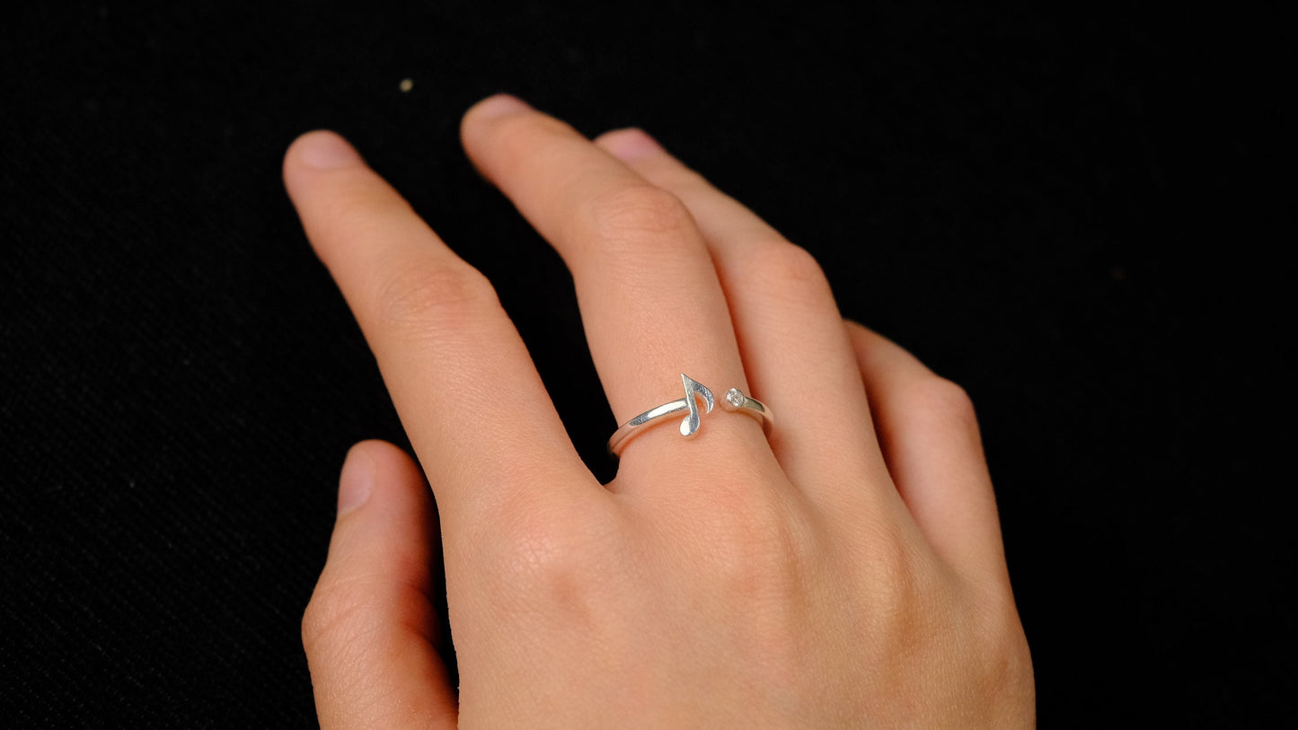 Adjustable Music Note Ring S925 Sterling Silver with Cubic Zirconia, Minimalist Jewelry Gift for Women, Silver Band Ring