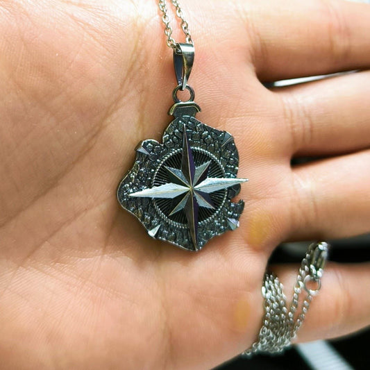 Sterling Silver Compass Pendant Necklace: Two-Sided World Map, Gift for Travelers