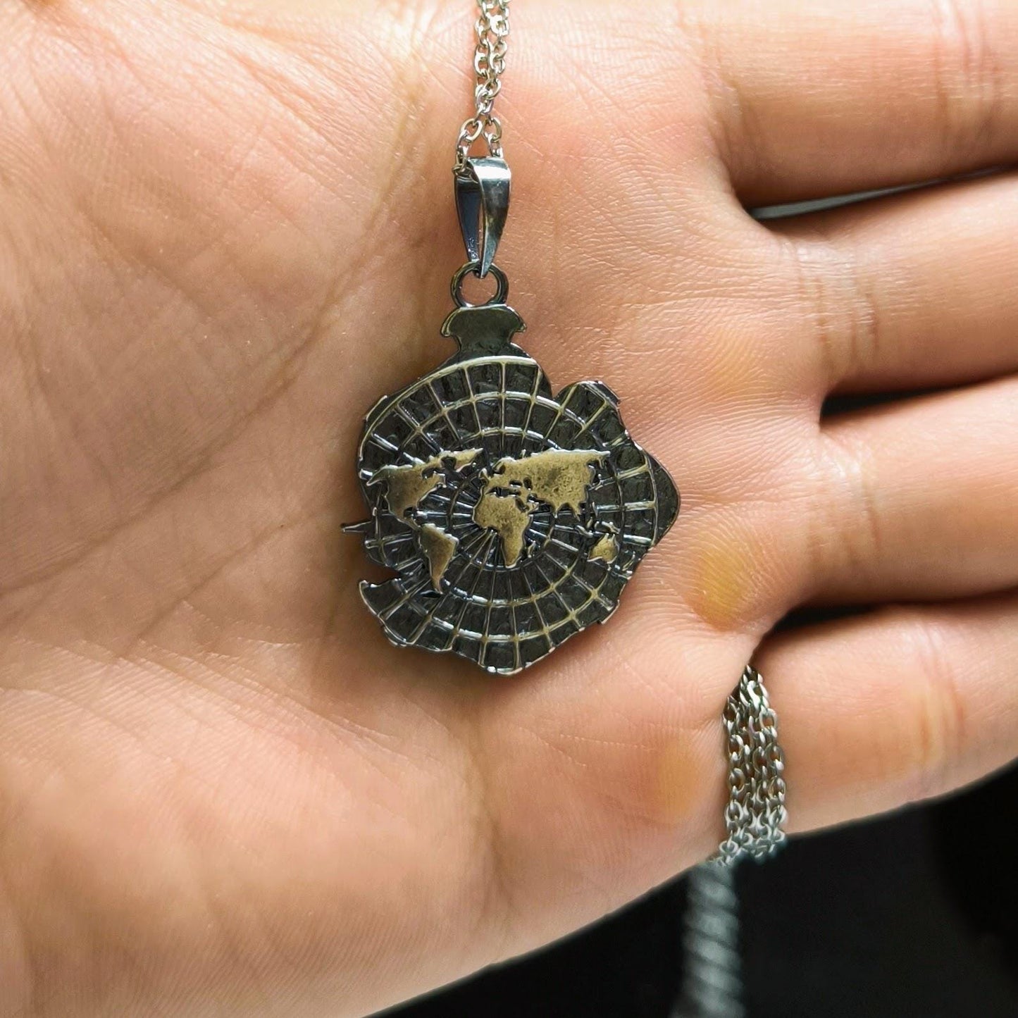 Sterling Silver Compass Pendant Necklace: Two-Sided World Map, Gift for Travelers