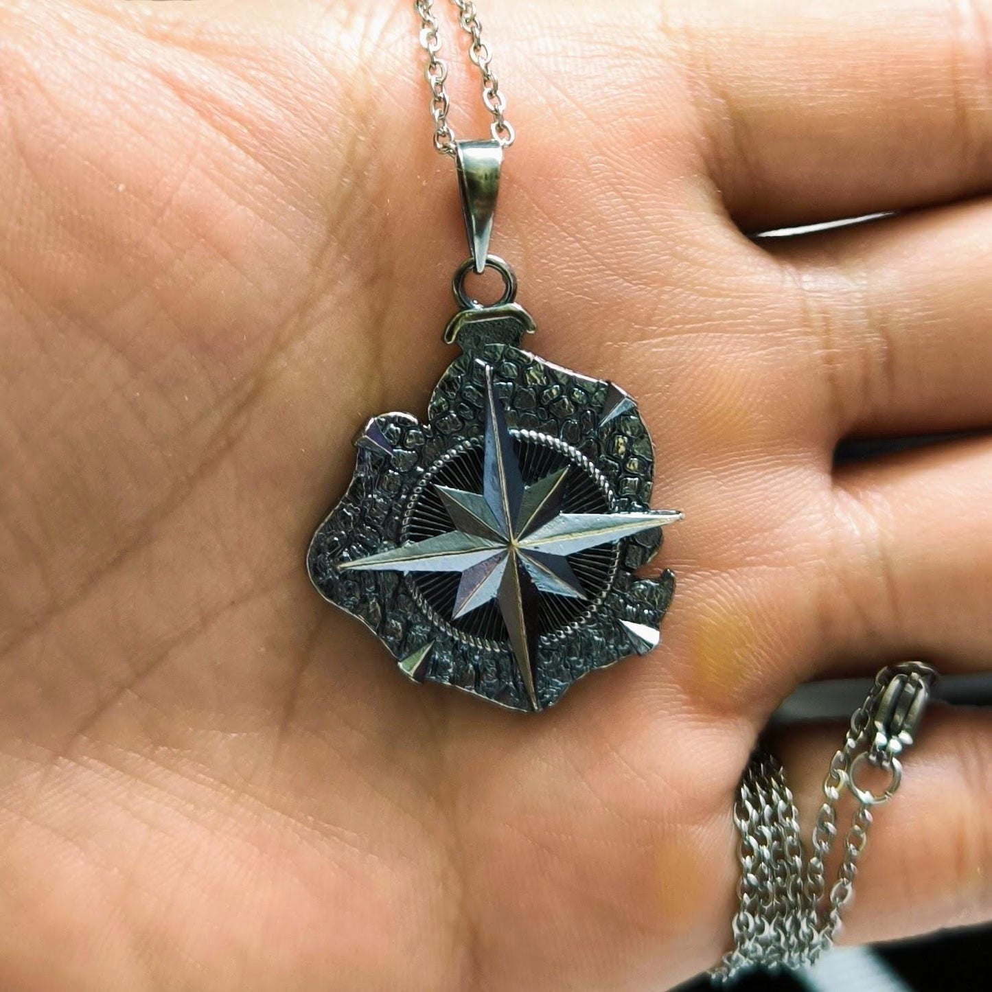 Sterling Silver Compass Pendant Necklace: Two-Sided World Map, Gift for Travelers