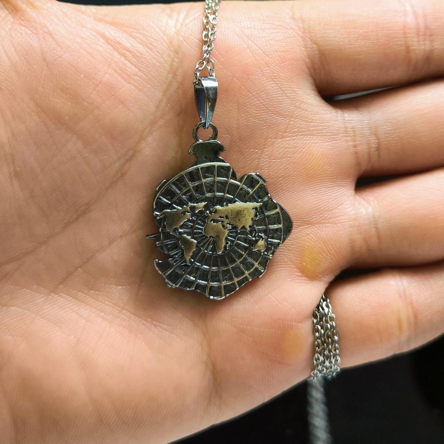 Sterling Silver Compass Pendant Necklace: Two-Sided World Map, Gift for Travelers