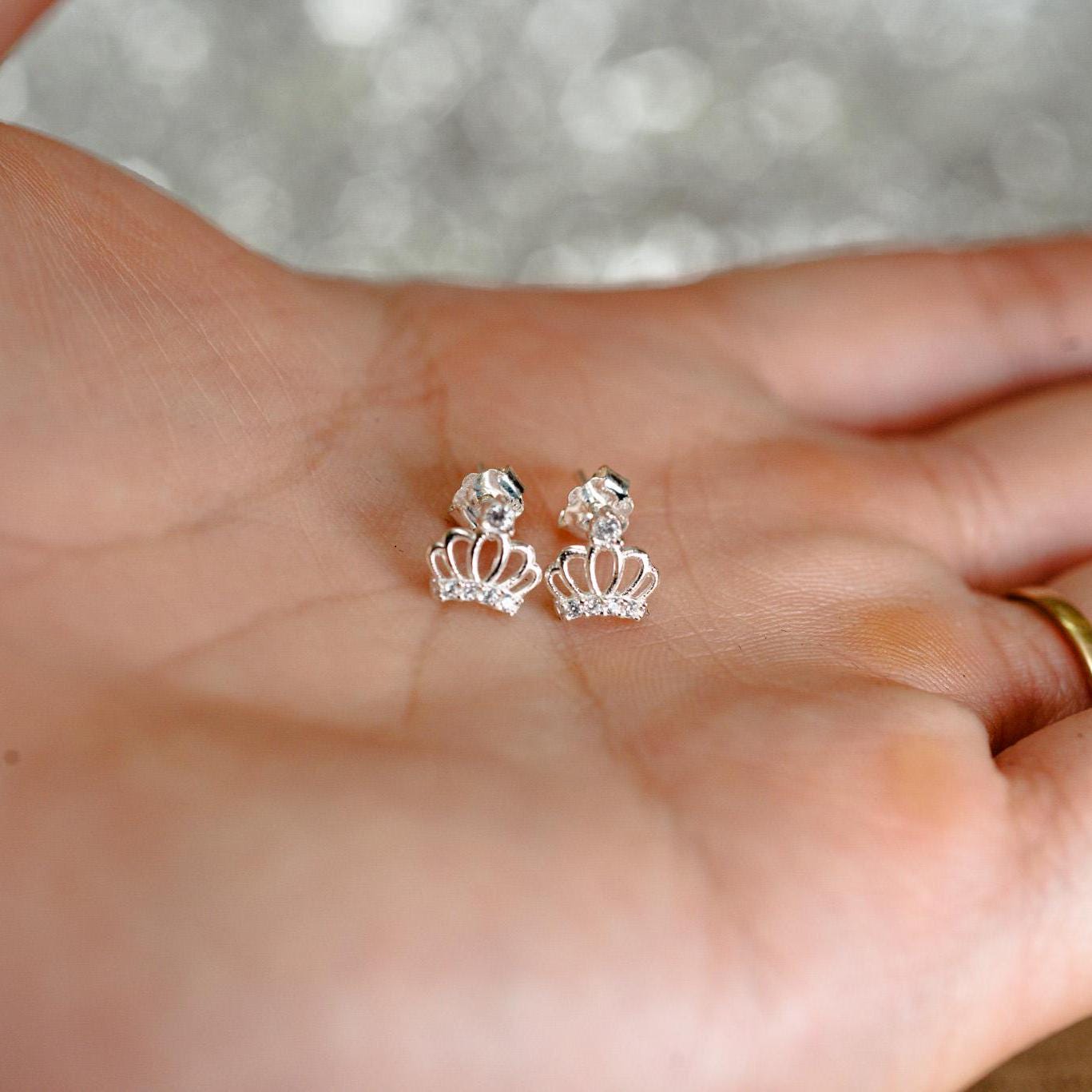 Sterling Silver Crown Stud Earrings: CZ Jewelry Gift