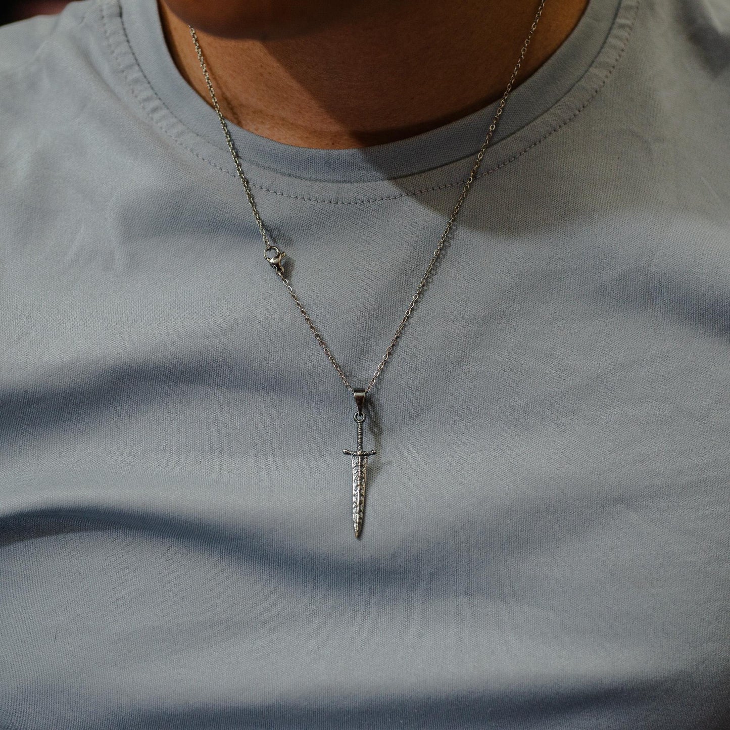 Oxidized Dark Silver Greatsword Necklace S925, Gothic RPG Jewelry for Men, Handmade Fantasy Sword Pendant, Gift for Gamer, Silver Chain