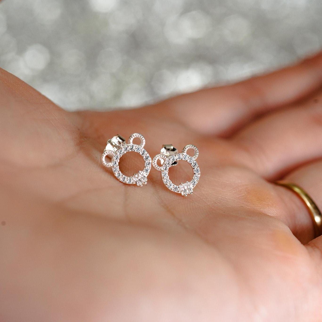 Bear Hoop Stud Earrings: S925 Sterling Silver, Cubic Zirconia