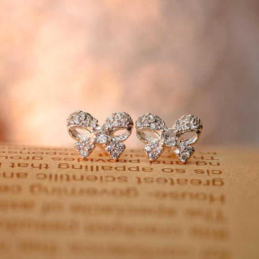 Sterling Silver Bow Stud Earrings: Cubic Zirconia Dainty Jewelry