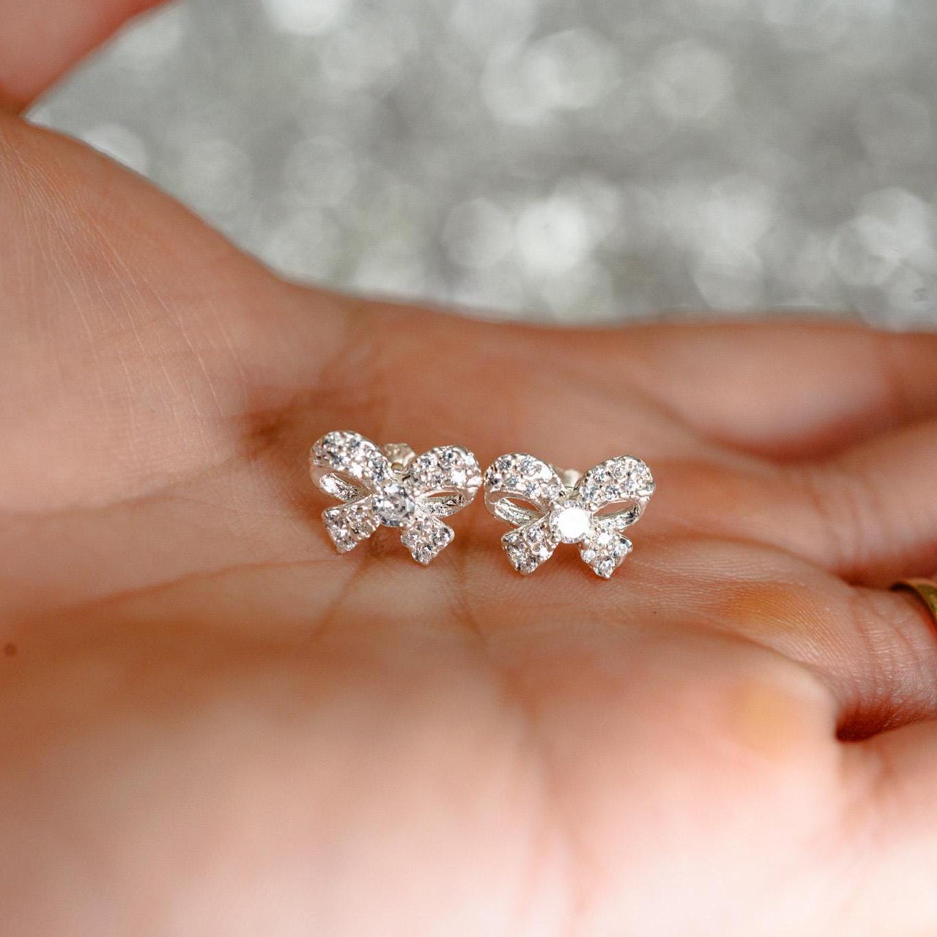 Sterling Silver Bow Stud Earrings: Cubic Zirconia Dainty Jewelry