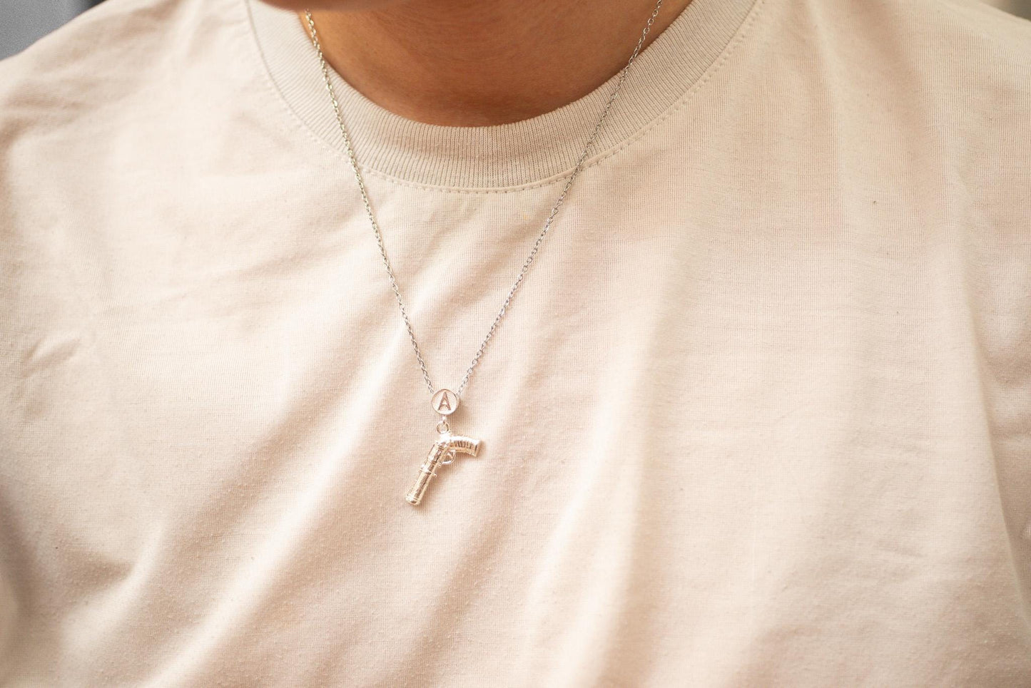 S925 Silver Fantasy Gun Pendant Necklace for Men – Handmade Sterling Silver Chain, Gamer Jewelry, Unique Gift for Him