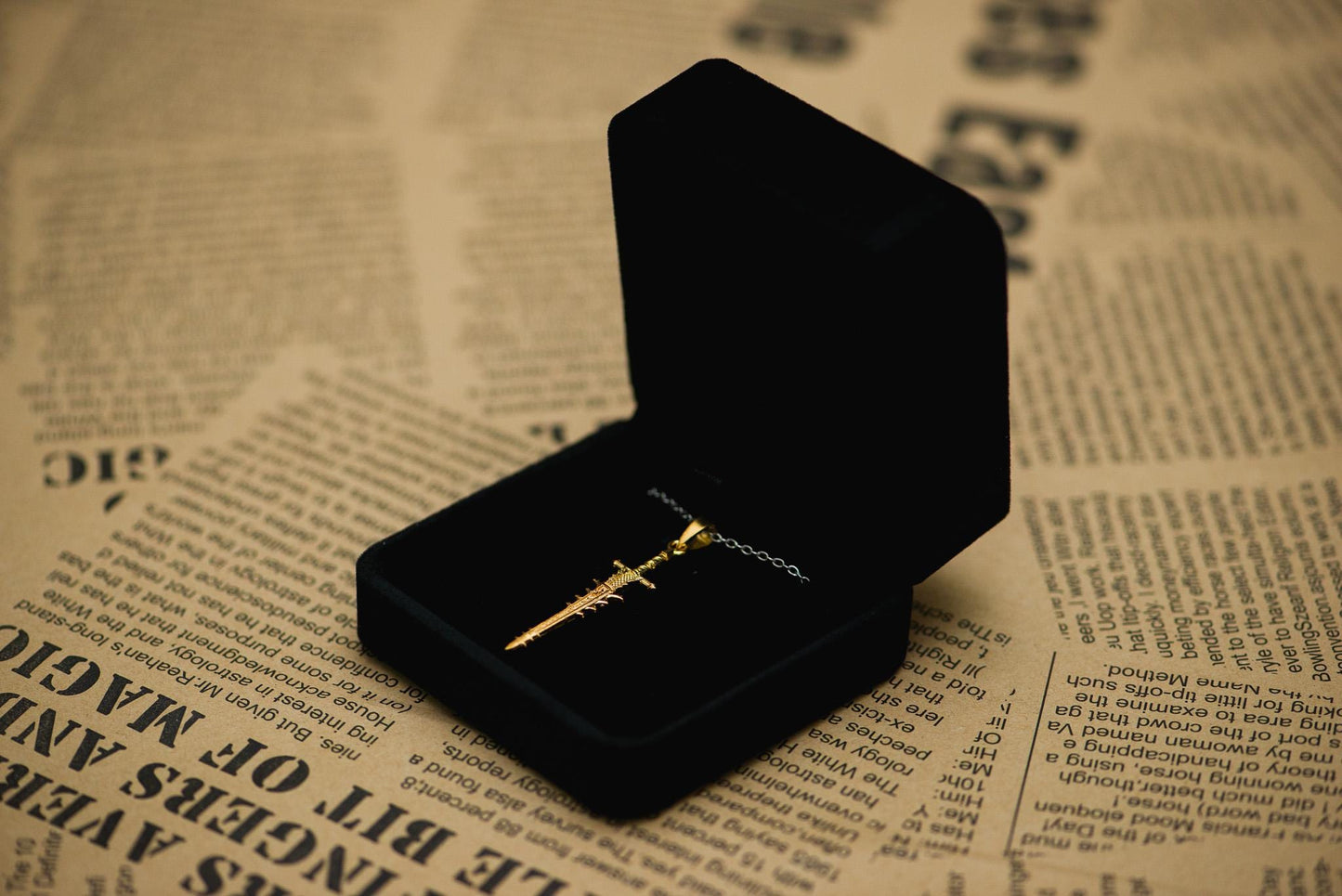 Helphen’s Steeple Gold Plated Necklace, 24K S925 Silver Fantasy Sword Pendant, Handmade Gamer Jewelry, RPG Gift for Him