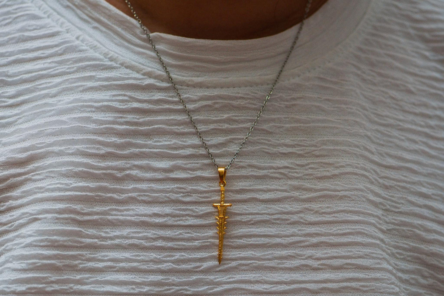 Helphen’s Steeple Gold Plated Necklace, 24K S925 Silver Fantasy Sword Pendant, Handmade Gamer Jewelry, RPG Gift for Him