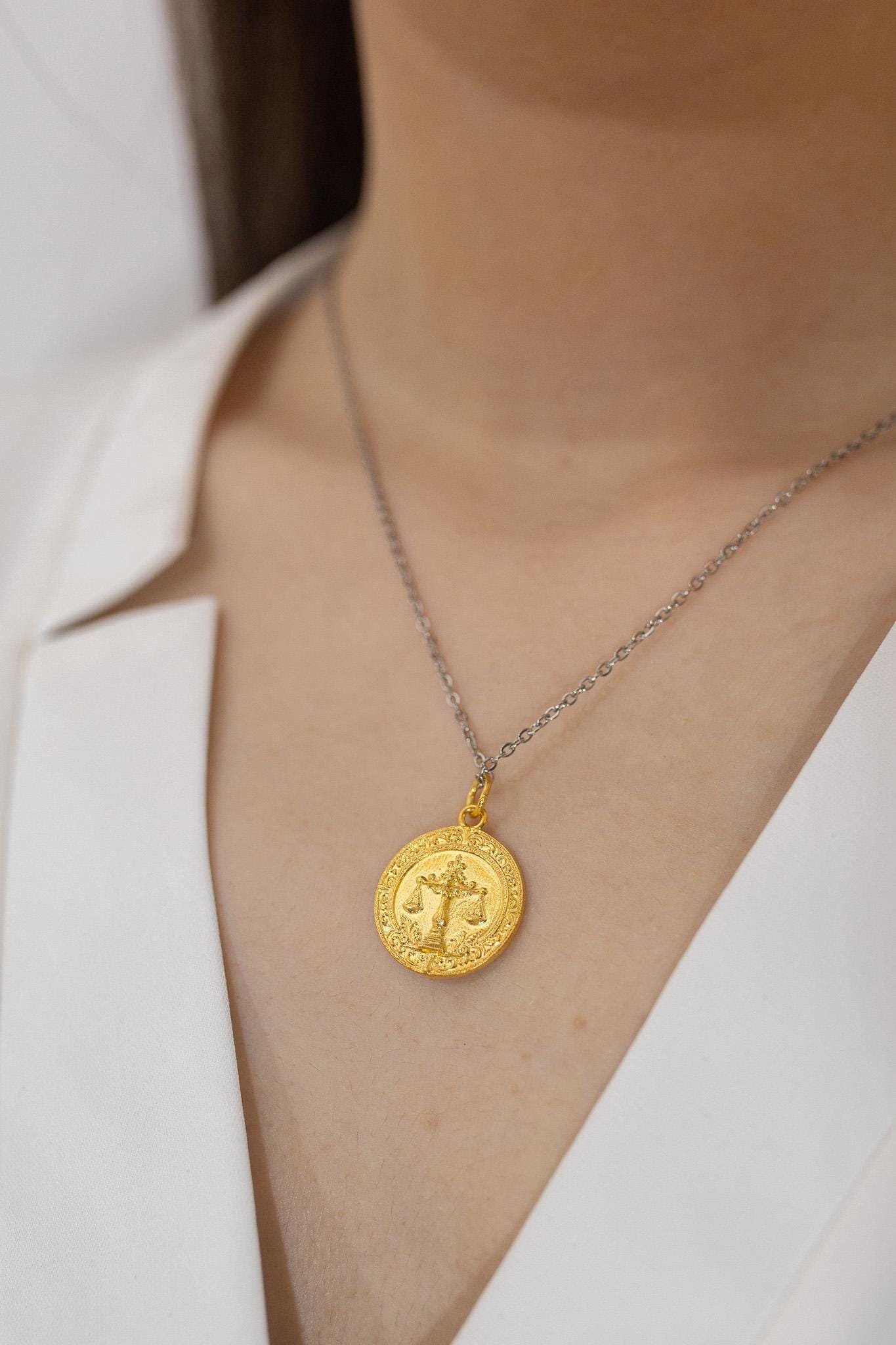 18K Gold Libra Zodiac Pendant: Sterling Silver Astrology Necklace