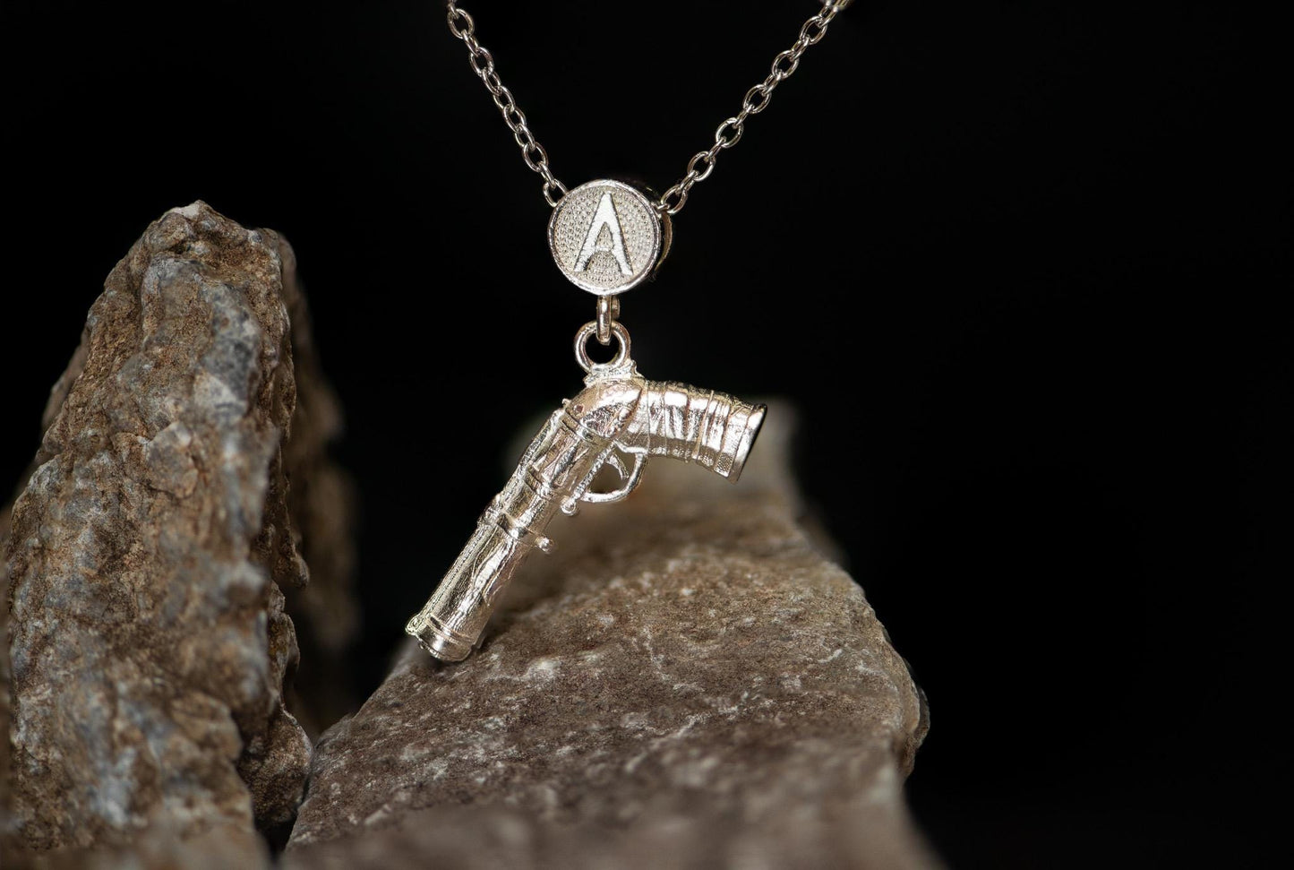 S925 Silver Fantasy Gun Pendant Necklace for Men – Handmade Sterling Silver Chain, Gamer Jewelry, Unique Gift for Him