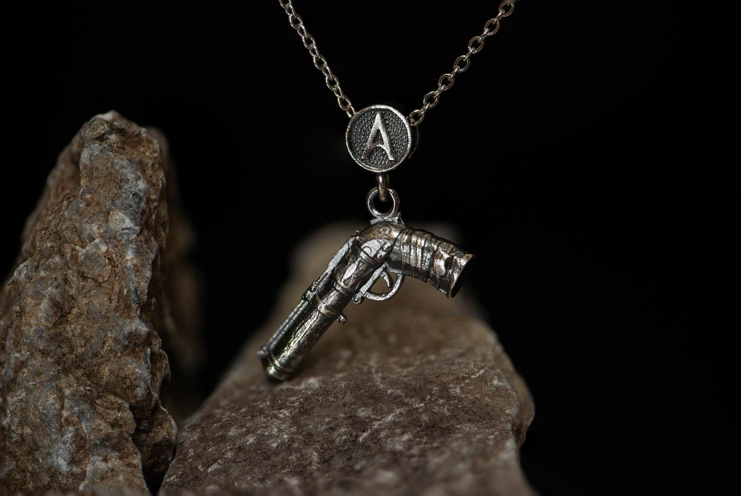 S925 Silver Fantasy Gun Pendant Necklace for Men – Handmade Sterling Silver Chain, Gamer Jewelry, Unique Gift for Him