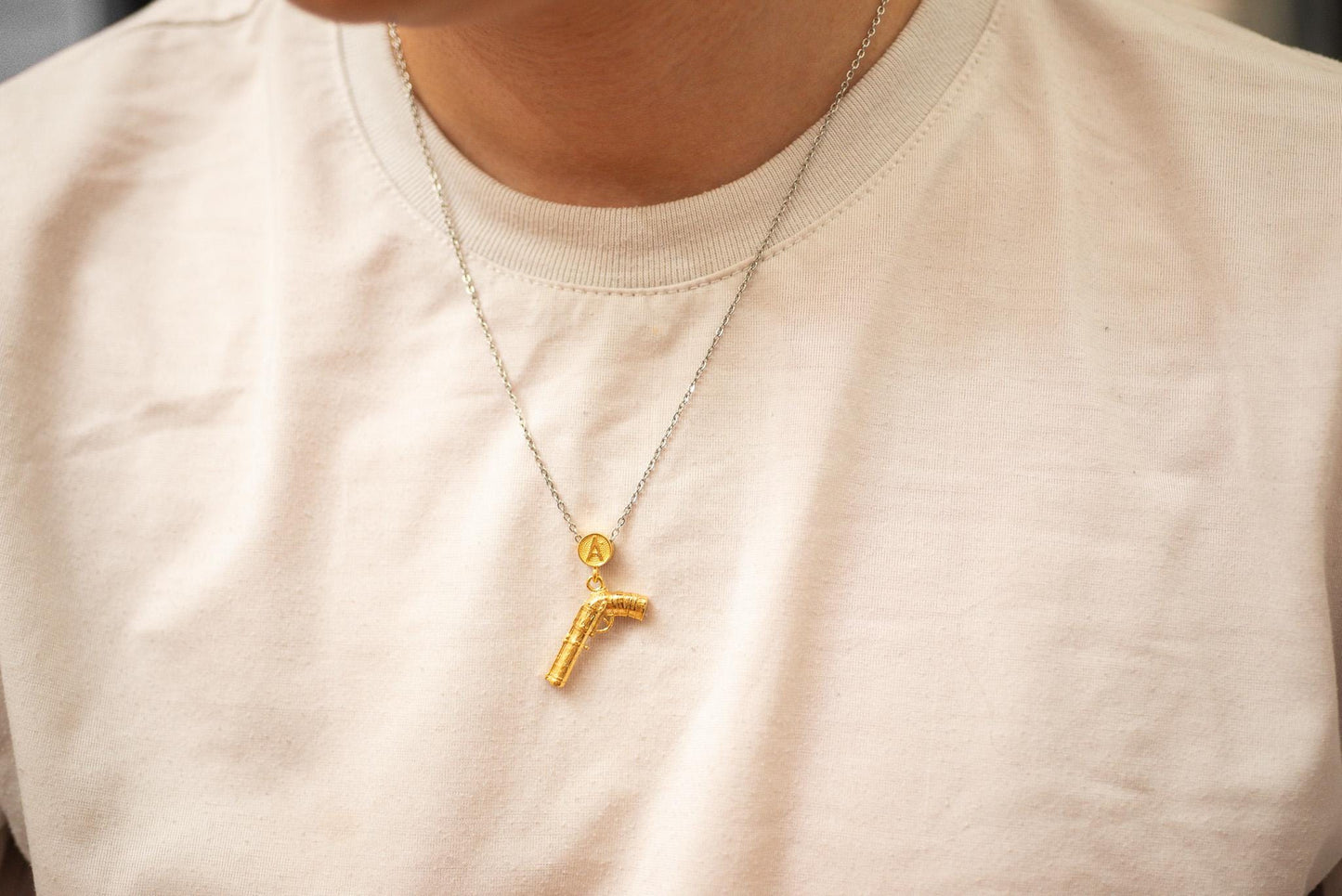 S925 Gold Plated Fantasy Gun Pendant Necklace – Sterling Silver Jewelry, Handmade Gift for Gamer, Unique Armor Style