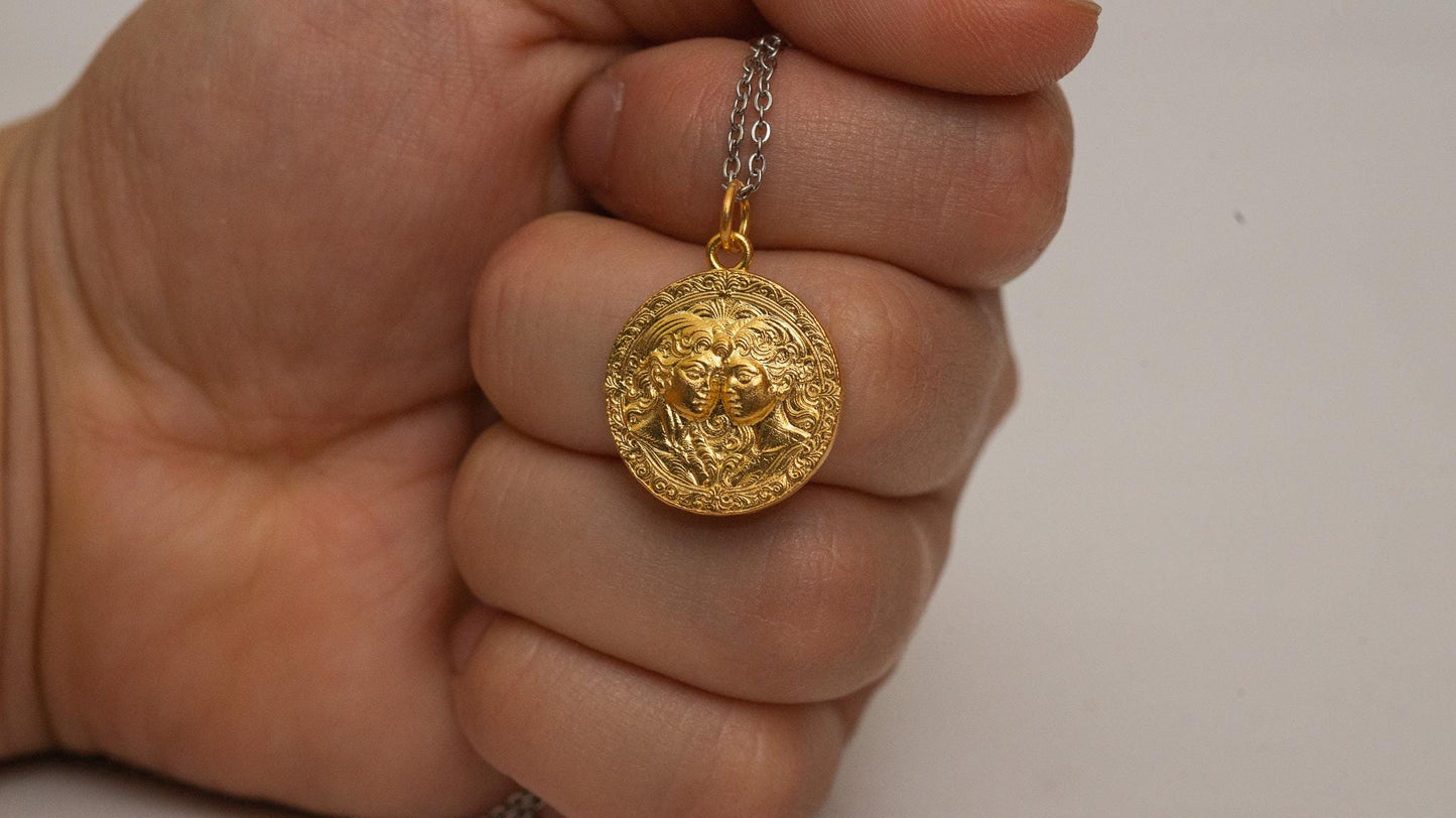 Gemini Zodiac Pendant: 18K Gold Plated Sterling Silver Necklace