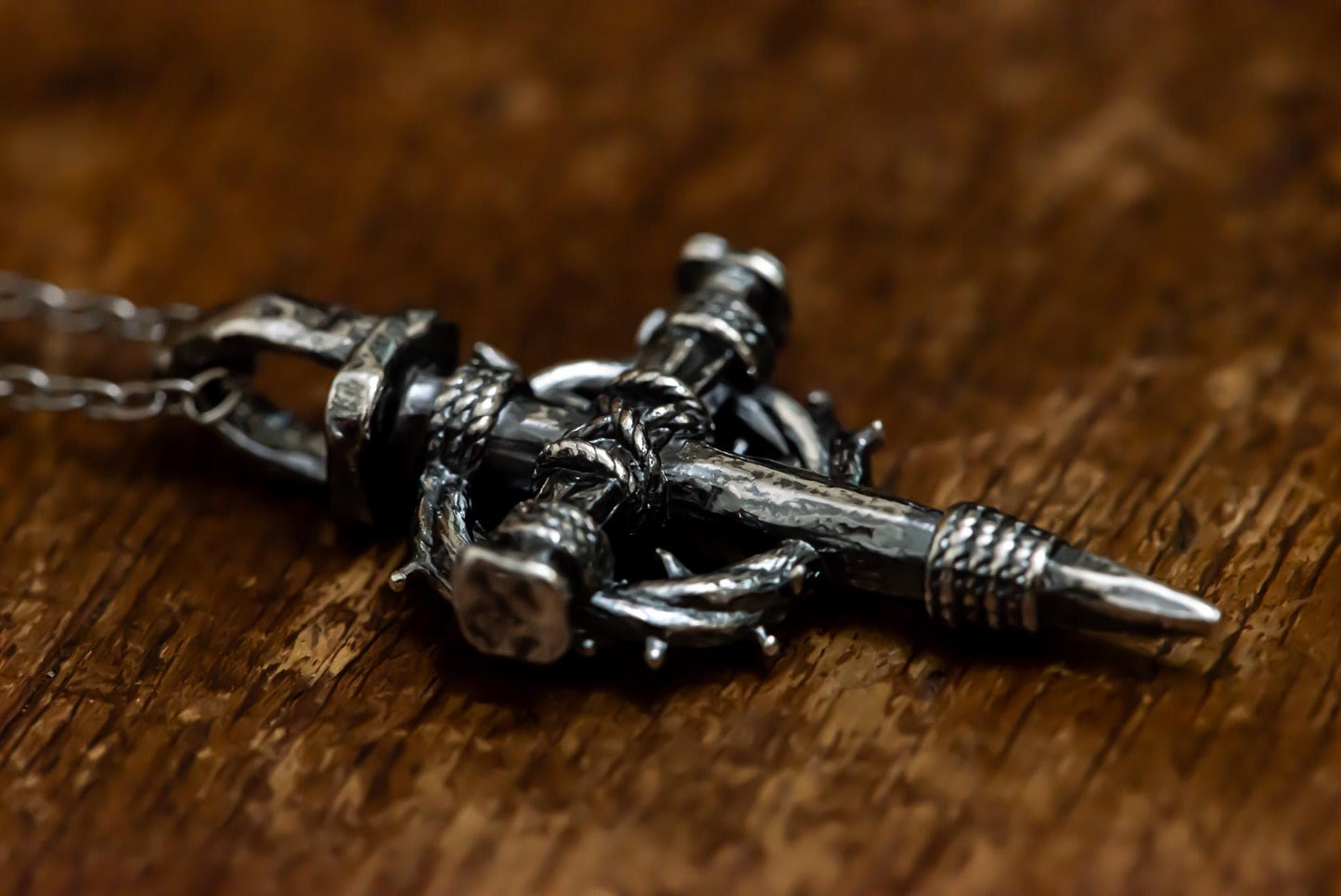 Handmade S925 Silver Cross Necklace Gold Plated, Crown of Thorns Nail Pendant, Gothic Christian Jewelry, Religious Gift for Men