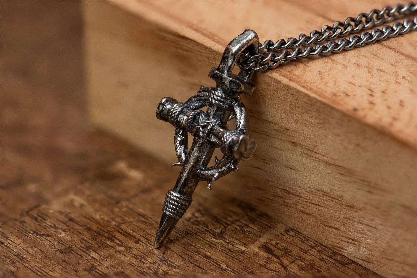 Handmade Silver Cross Necklace S925, Crown of Thorns Nail Pendant, Gothic Christian Jewelry for Men, Religious Gift, Oxidized Silver Chain