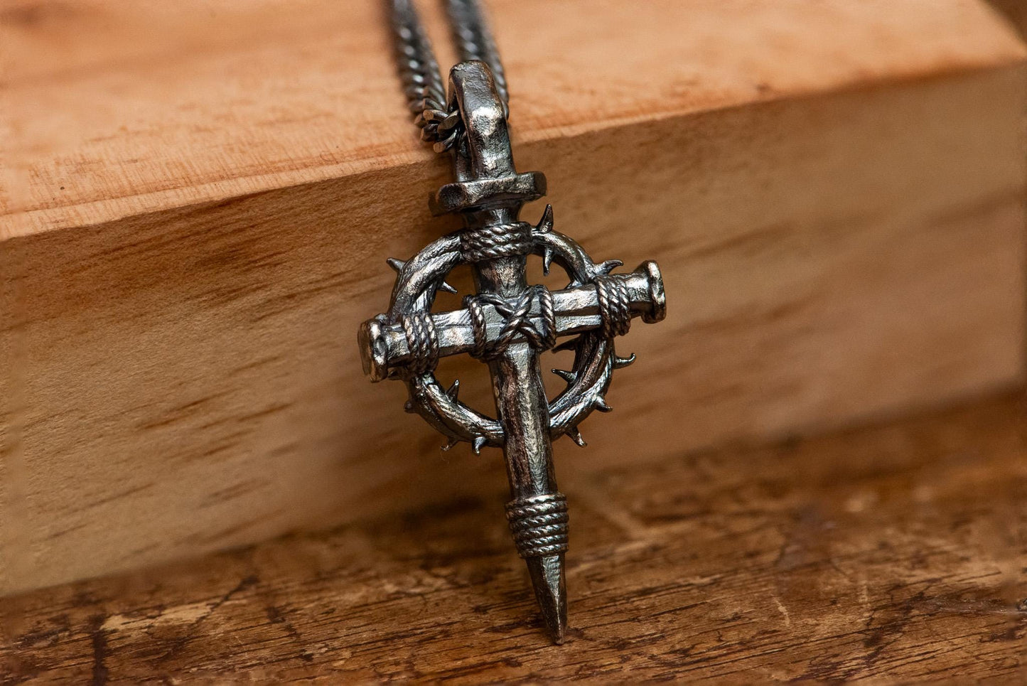 Handmade S925 Silver Cross Necklace Gold Plated, Crown of Thorns Nail Pendant, Gothic Christian Jewelry, Religious Gift for Men