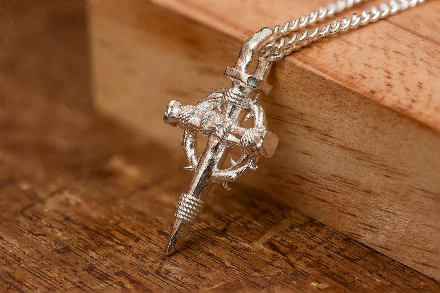 Handmade S925 Silver Cross Necklace Gold Plated, Crown of Thorns Nail Pendant, Gothic Christian Jewelry, Religious Gift for Men