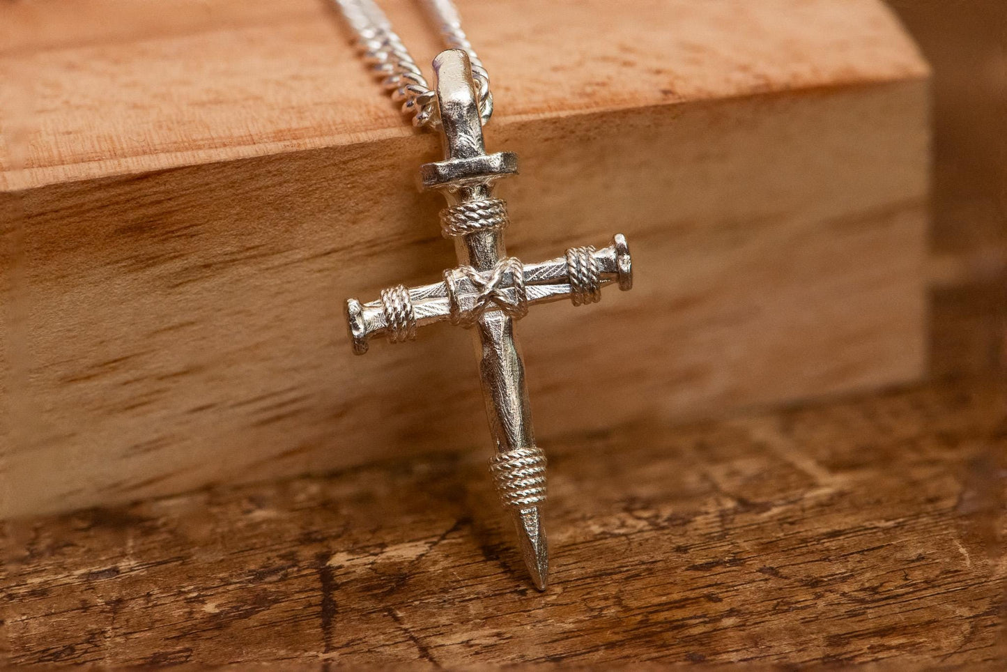 S925 Sterling Silver Nail Cross Necklace, Crown of Thorns Pendant, Gothic Christian Jewelry for Men, Religious Gift, Silver Chain Included