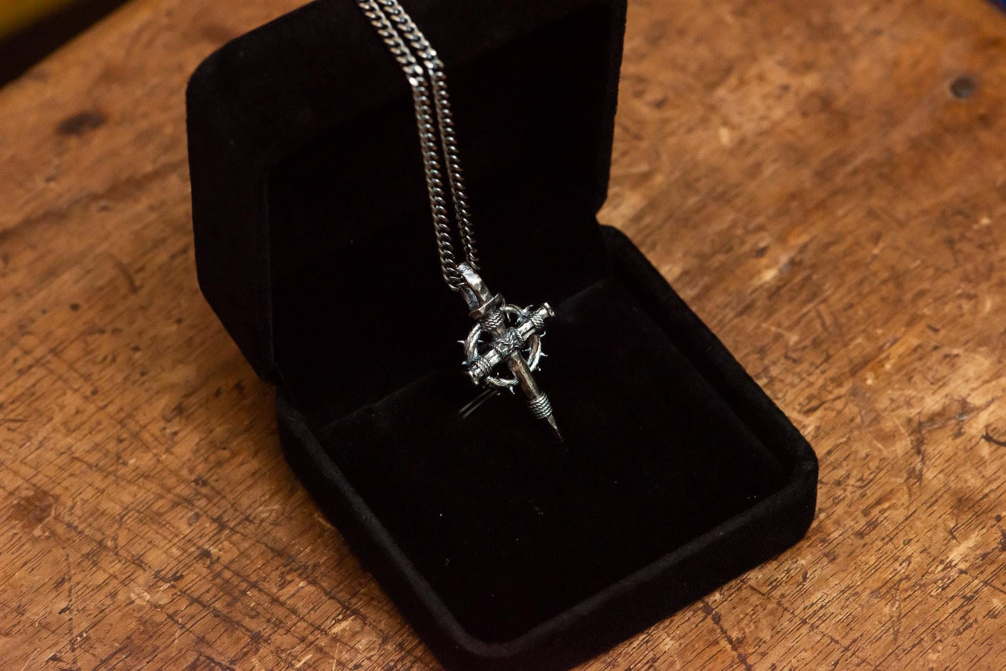 Handmade S925 Silver Cross Necklace Gold Plated, Crown of Thorns Nail Pendant, Gothic Christian Jewelry, Religious Gift for Men