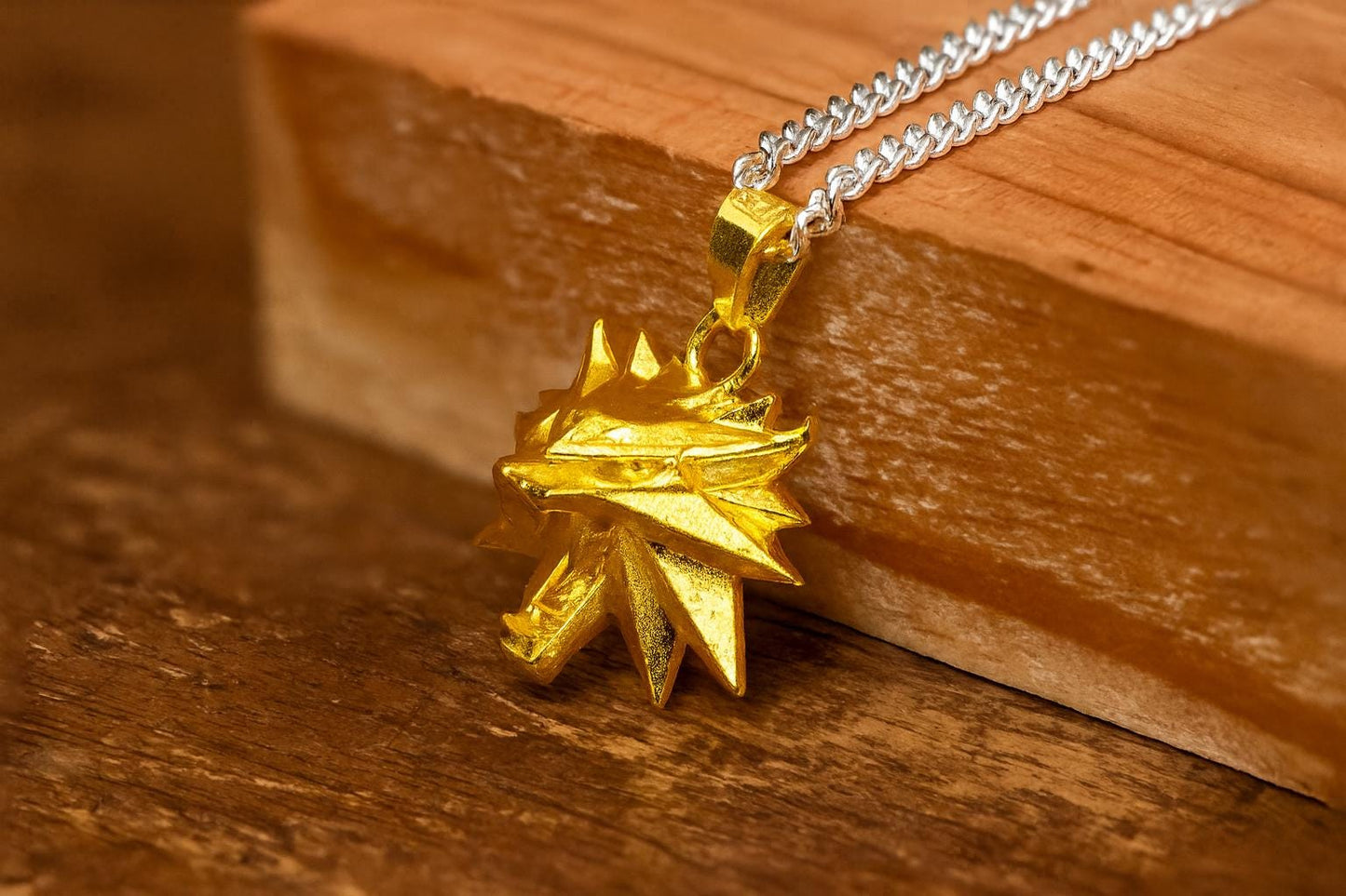 24K Gold Plated Wolf Head Pendant, S925 Silver Fantasy Necklace, Handmade Jewelry Gift for Him, Elegant Gamer Accessory