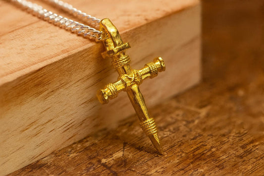 Handmade S925 Silver Nail Cross Necklace Gold Plated, Gothic Faith Jewelry for Men, Religious Pendant, Christian Gift