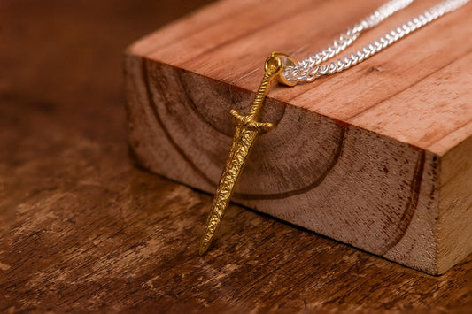 Gold Plated S925 Silver Greatsword Necklace, Fantasy Jewelry Gift for Him, RPG Gamer Pendant, Handmade Sword Charm, Medieval Style Necklace