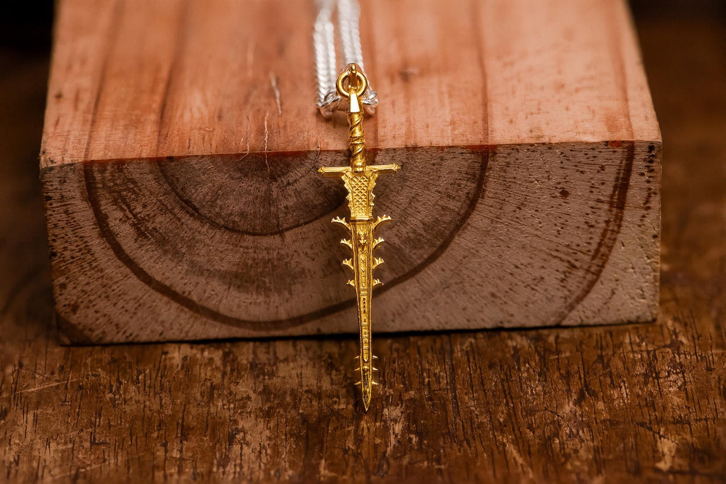 Helphen’s Steeple Gold Plated Necklace, 24K S925 Silver Fantasy Sword Pendant, Handmade Gamer Jewelry, RPG Gift for Him