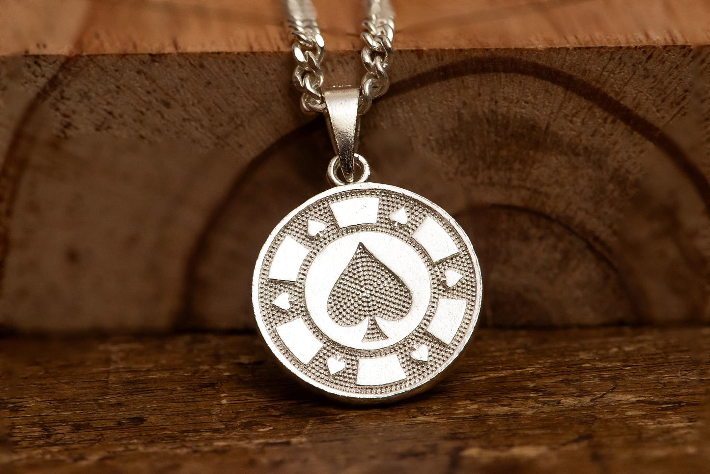 Poker Coin Silver Pendant S925 | Four Suits Necklace for Men | Hearts Diamonds Clubs Spades Jewelry | Gift for Gamers & Card Lovers