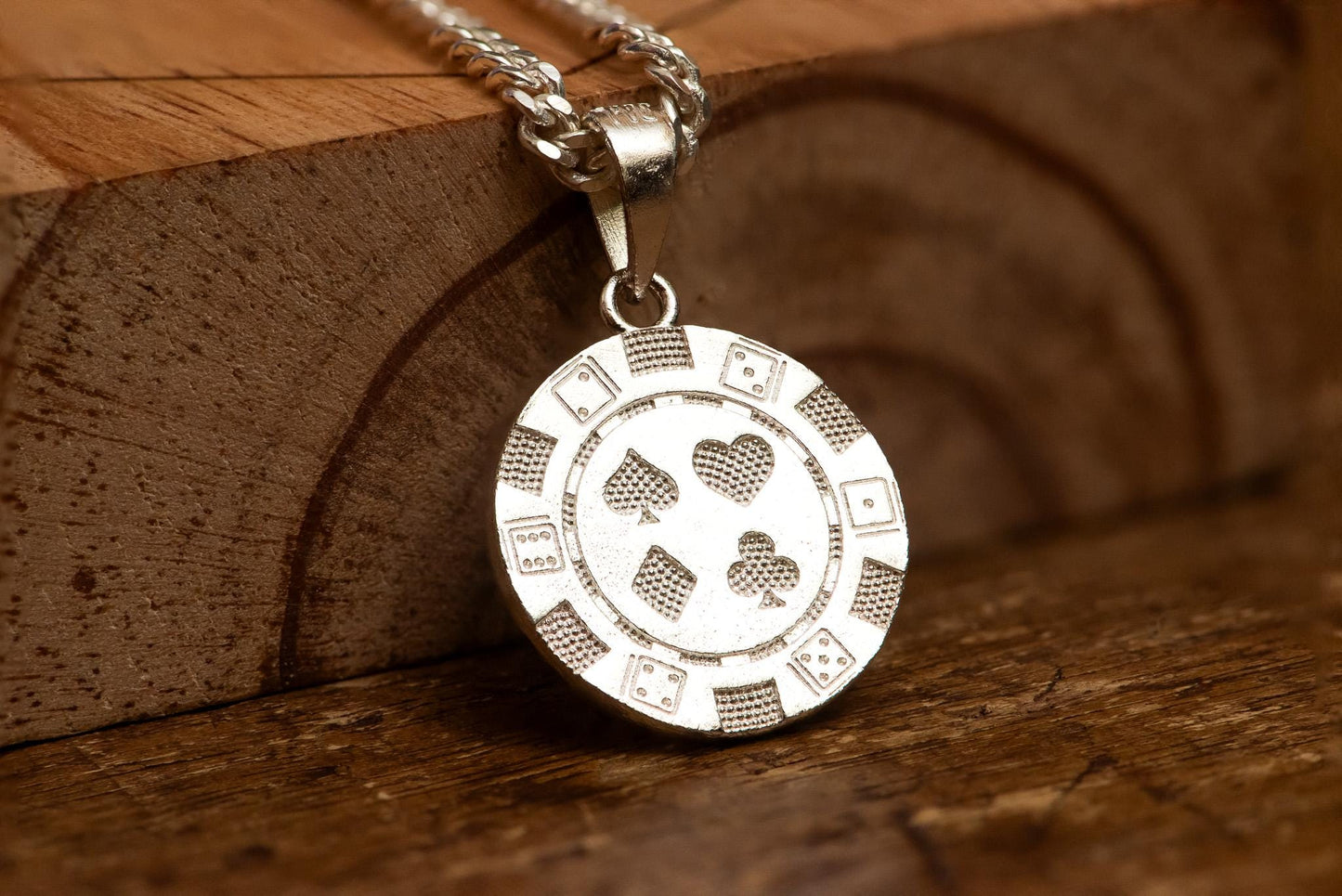 Poker Coin Silver Pendant S925 | Four Suits Necklace for Men | Hearts Diamonds Clubs Spades Jewelry | Gift for Gamers & Card Lovers