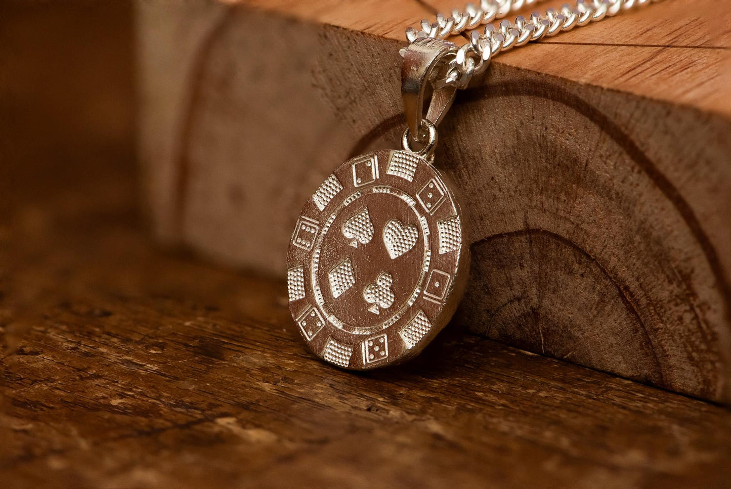 Poker Coin Silver Pendant S925 | Four Suits Necklace for Men | Hearts Diamonds Clubs Spades Jewelry | Gift for Gamers & Card Lovers