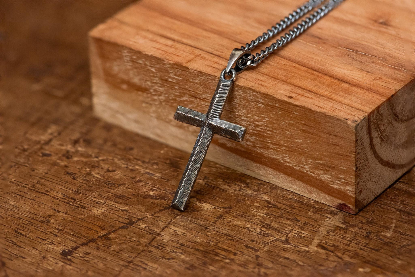Oxidized Engraved Cross Necklace S925 Sterling Silver Rustic Christian Jewelry for Men, Handmade Faith Pendant