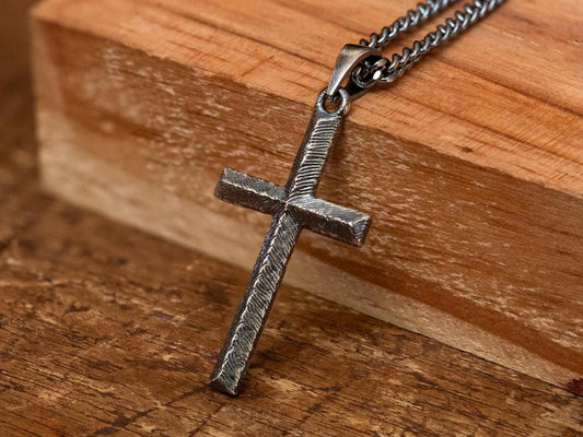Oxidized Engraved Cross Necklace S925 Sterling Silver Rustic Christian Jewelry for Men, Handmade Faith Pendant