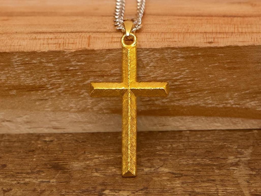 Gold-Plated Engraved Cross Necklace S925 Sterling Silver Religious Jewelry, Elegant Christian Gift for Him