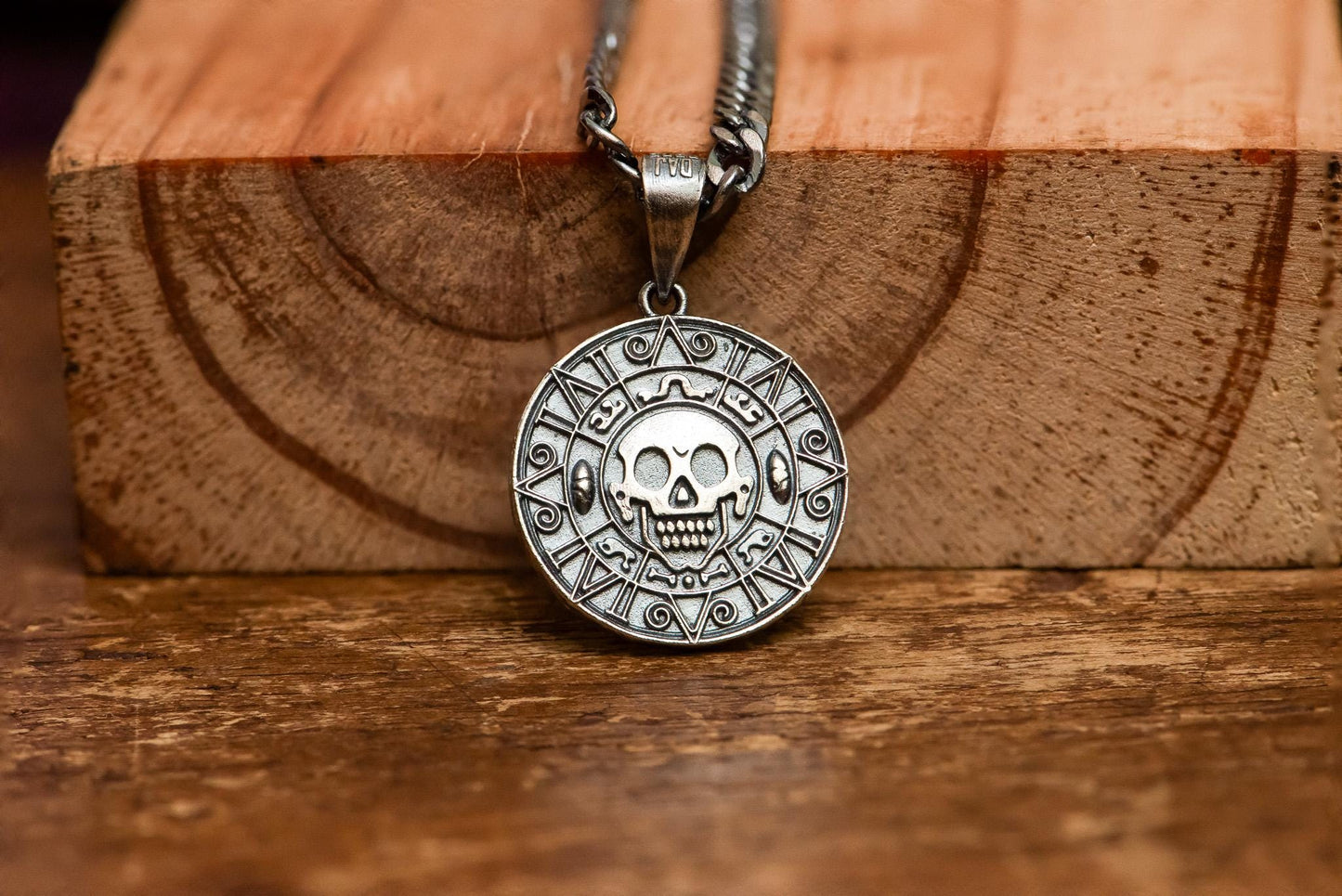 Handmade S925 Silver Aztec Coin Pendant, Pirate Treasure Necklace, Nautical Skull Jewelry, Men’s Gothic Amulet, Vintage Silver Gift