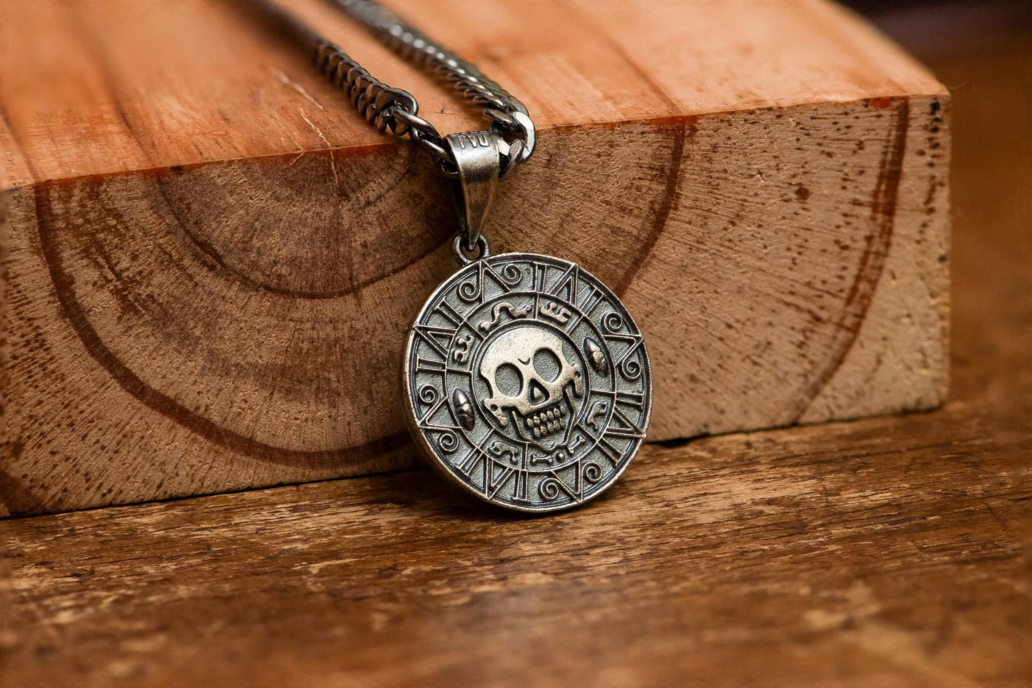 Handmade S925 Silver Aztec Coin Pendant, Pirate Treasure Necklace, Nautical Skull Jewelry, Men’s Gothic Amulet, Vintage Silver Gift