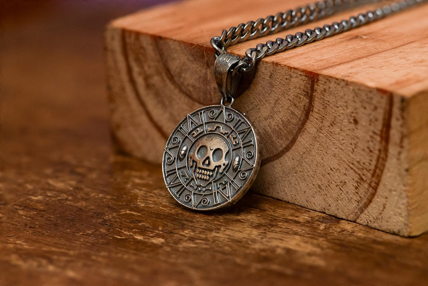Handmade S925 Silver Aztec Coin Pendant, Pirate Treasure Necklace, Nautical Skull Jewelry, Men’s Gothic Amulet, Vintage Silver Gift