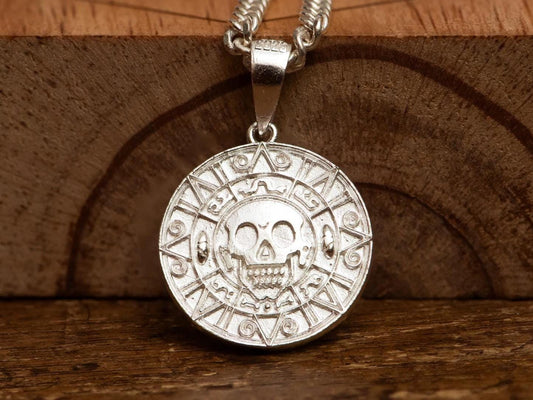 Handmade S925 Silver Aztec Coin Pendant, Pirate Treasure Necklace, Nautical Skull Jewelry, Men’s Gothic Amulet, Vintage Silver Gift
