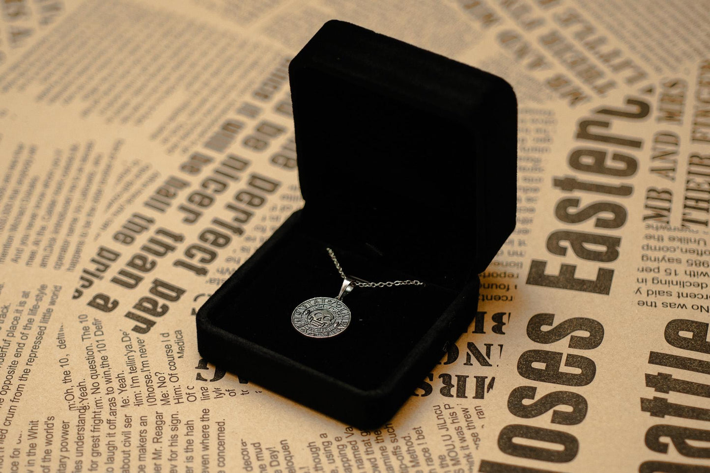 Oxidized S925 Silver Aztec Skull Coin Pendant, Handmade Pirate Treasure Necklace, Gothic Nautical Jewelry for Men, Unique Gift