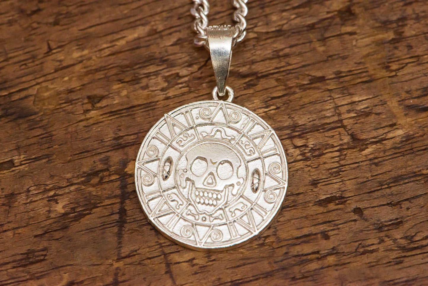 Oxidized S925 Silver Aztec Skull Coin Pendant, Handmade Pirate Treasure Necklace, Gothic Nautical Jewelry for Men, Unique Gift