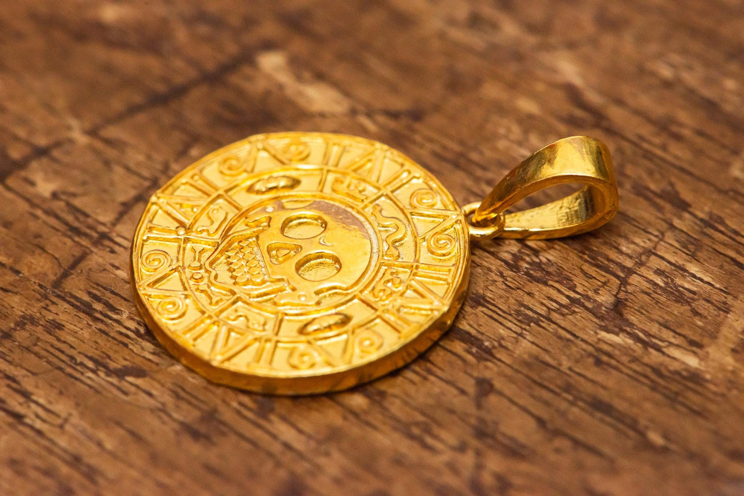 24K Gold Plated S925 Silver Aztec Coin Pendant, Pirate Treasure Medallion Necklace, Handmade Nautical Jewelry, Luxury Gift for Men
