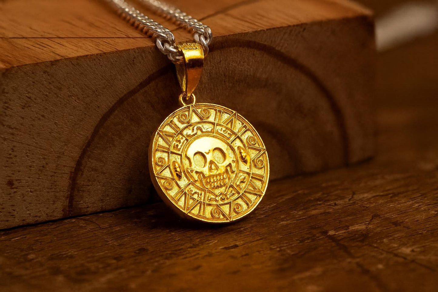 24K Gold Plated S925 Silver Aztec Coin Pendant, Pirate Treasure Medallion Necklace, Handmade Nautical Jewelry, Luxury Gift for Men