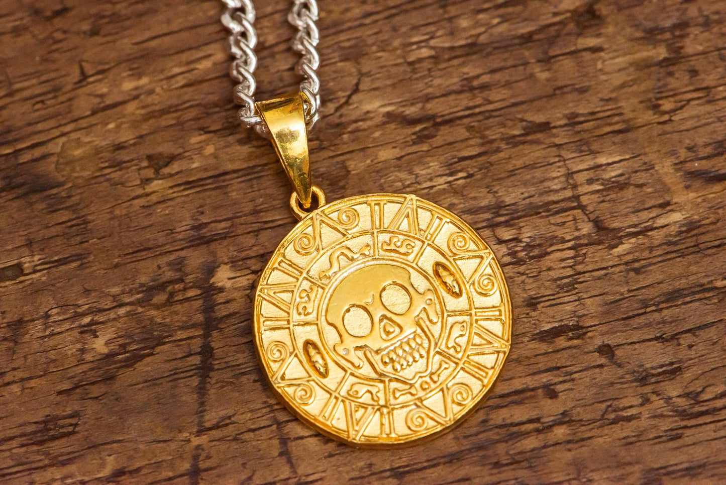 24K Gold Plated S925 Silver Aztec Coin Pendant, Pirate Treasure Medallion Necklace, Handmade Nautical Jewelry, Luxury Gift for Men