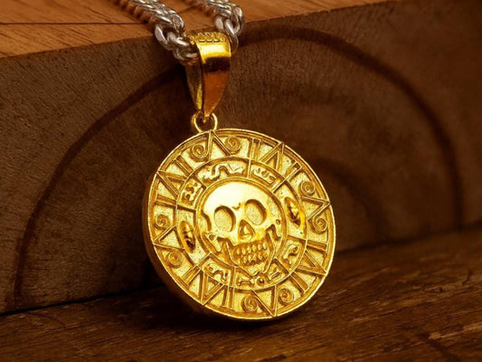 24K Gold Plated S925 Silver Aztec Coin Pendant, Pirate Treasure Medallion Necklace, Handmade Nautical Jewelry, Luxury Gift for Men