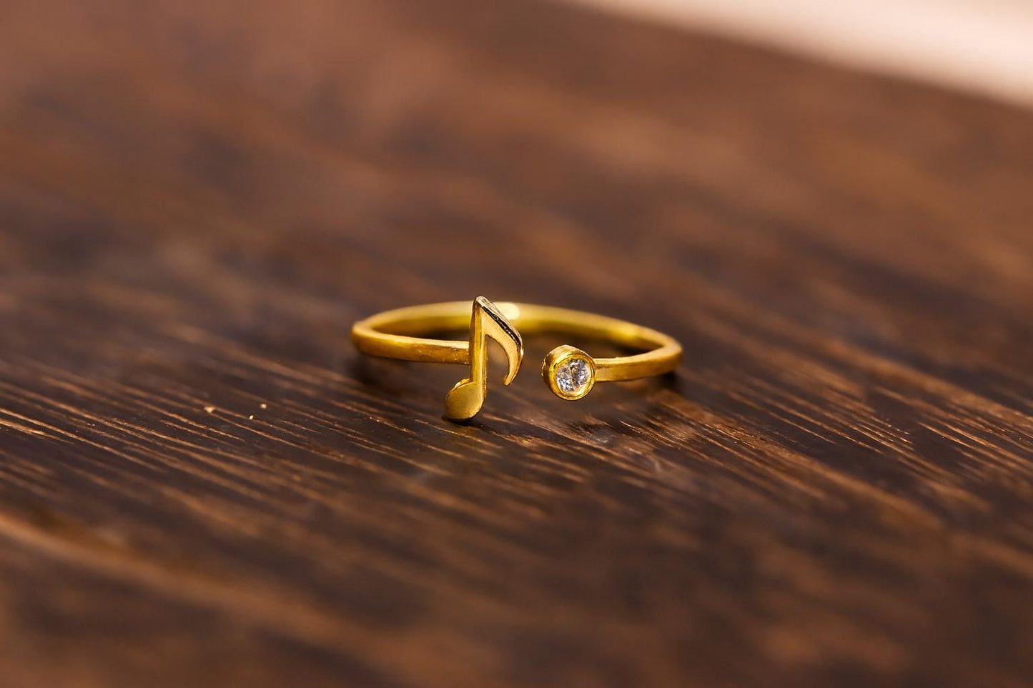 Adjustable Music Note Ring S925 Sterling Silver Gold Plated with Cubic Zirconia, Dainty Gold Jewelry Gift for Women