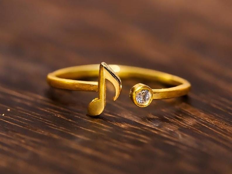 Adjustable Music Note Ring S925 Sterling Silver Gold Plated with Cubic Zirconia, Dainty Gold Jewelry Gift for Women