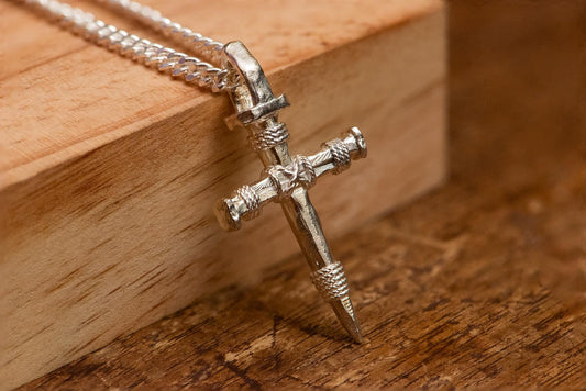 S925 Sterling Silver Nail Cross Necklace, Handmade Christian Pendant, Gothic Religious Jewelry for Men, Faith Gift, Silver Chain Included